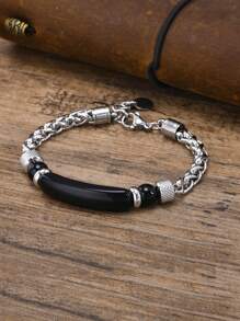 1pc Fashionable Vintage Stainless Steel Chain & Brown Tiger Eye Stone Men's Bracelet, For Dating