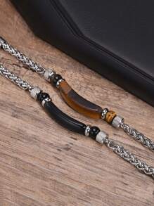 1pc Fashionable Vintage Stainless Steel Chain & Brown Tiger Eye Stone Men's Bracelet, For Dating
