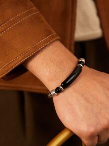 1pc Fashionable Vintage Stainless Steel Chain & Brown Tiger Eye Stone Men's Bracelet, For Dating
