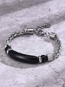1pc Fashionable Vintage Stainless Steel Chain & Brown Tiger Eye Stone Men's Bracelet, For Dating