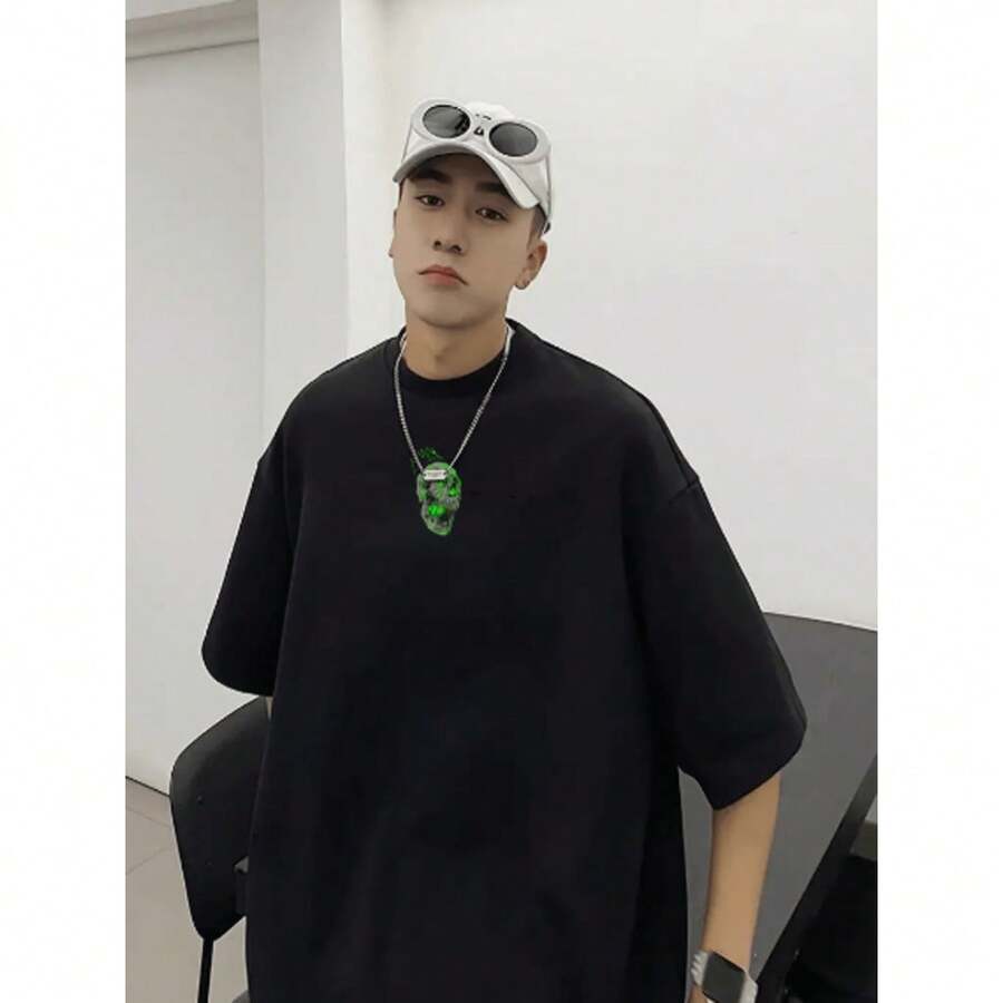 Men's Oversized T-Shirt Green Skull Streetwear T-Shirt Premium Oversized Shirt 100% Cotton - Black - View 1