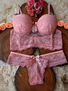 Luxury Lingerie Set Iris Bra And Panties Thong Bra With Padded Cup Thong Panties - 淺粉色 - 查看 1