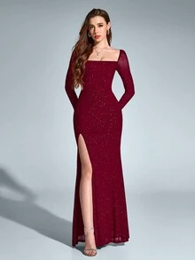 Đầm dạ hội trang trọng thanh lịch hở lưng xẻ tà đuôi cá, váy dạ hội dài tay, dành cho khách dự tiệc cưới - Màu Đỏ Sâu - Xem 3