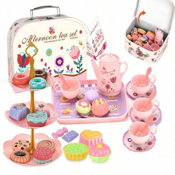 42/22 piezas Juego de té de princesa - Tetera y postres de plástico para niños - Juego de imaginación para niñas de 3 a 6 años, Juego de té para niños pequeños, Taza de té, Juguete de tetera