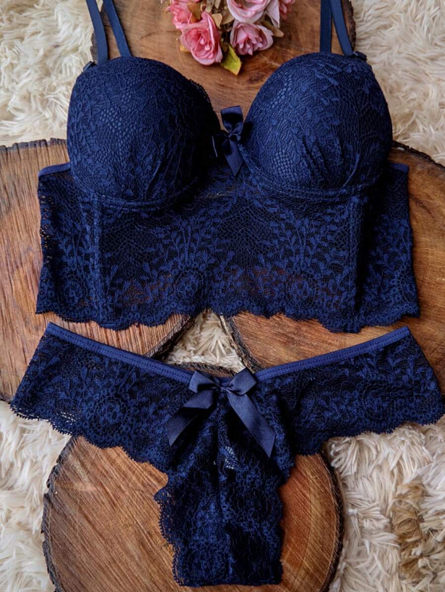 Luxury Lingerie Set Iris Bra And Panties Thong Bra With Padded Cup Thong Panties - Màu xanh hải quân - Xem 1