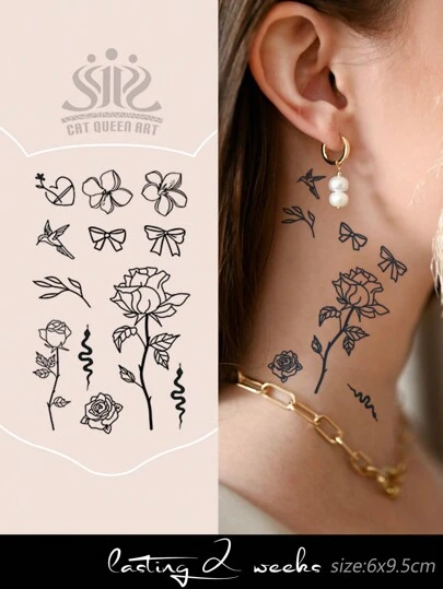 1pc Herbal Juice Semi-Permanent Minimalist Fresh Heart Flower Branch Hummingbird Spiral Snake Skin Y2K Pattern Temporary Tattoo, 7-14 Days Waterproof Smudge-Proof For Finger, Arm, Shoulder, Neck, Collarbone