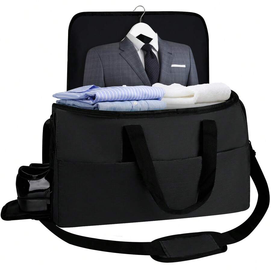 旅行服装袋，便携服装袋，西装收纳袋，3 合 1 挂式手提箱套装旅行袋，带独立鞋隔层，可转换式服装袋，带肩带，挂式手提箱套装旅行袋，运动包，大包，旅行袋，适合运动，适合上学，适合度假，返校包旅行必需品旅行收纳袋海滩夏季度假 - 黑色 - 查看 1