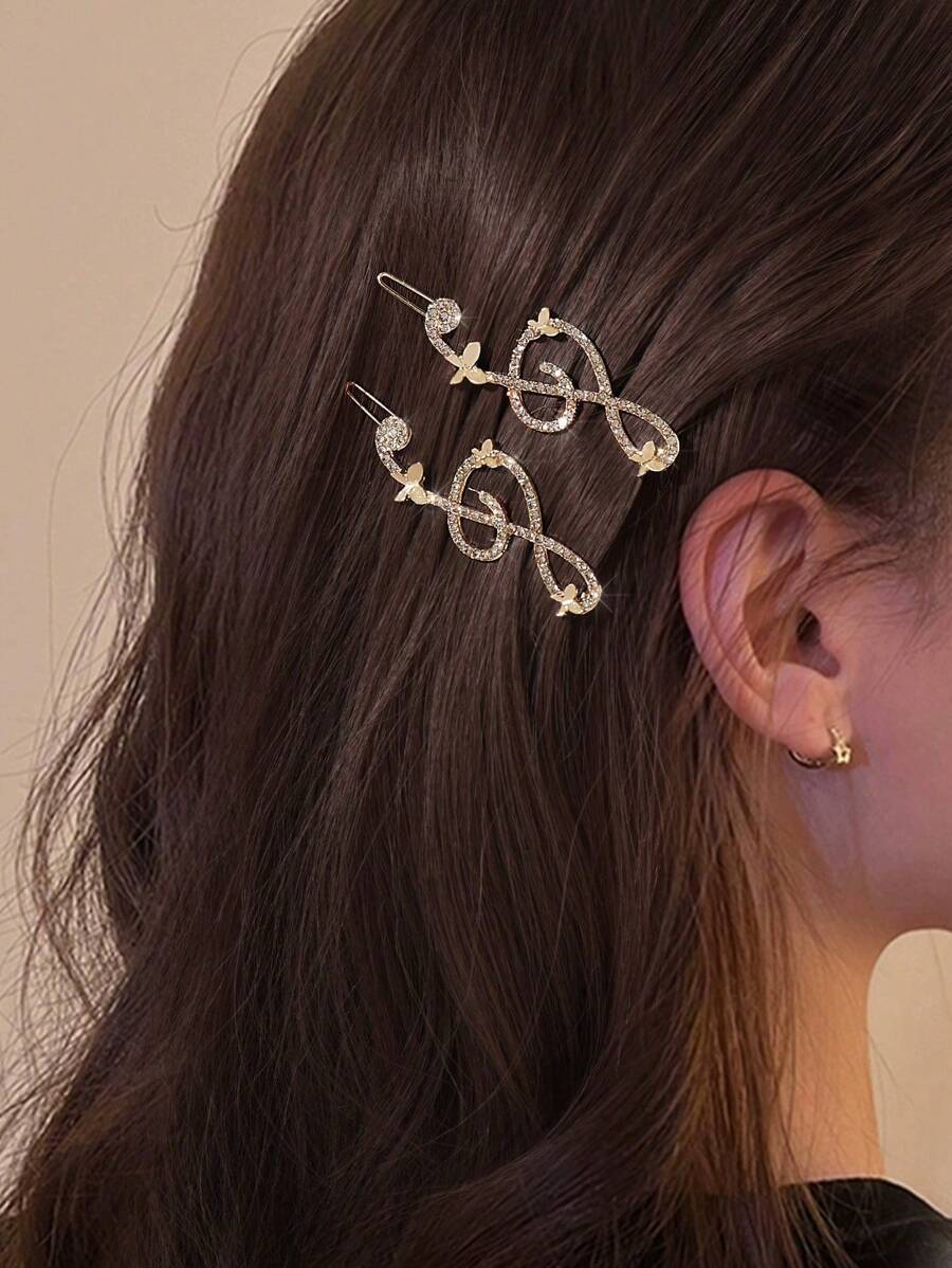 2 chiếc kẹp tóc kim loại thời trang hình bướm và nốt nhạc đính đá lấp lánh, kẹp tóc đơn giản kiểu hoàng gia Halloween, kẹp tóc Y2K, phụ kiện tóc cho nữ, phụ kiện đội đầu - Bạc - Xem 1