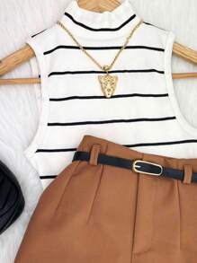 Striped High Neck Tank Top - 白色 - 查看 2