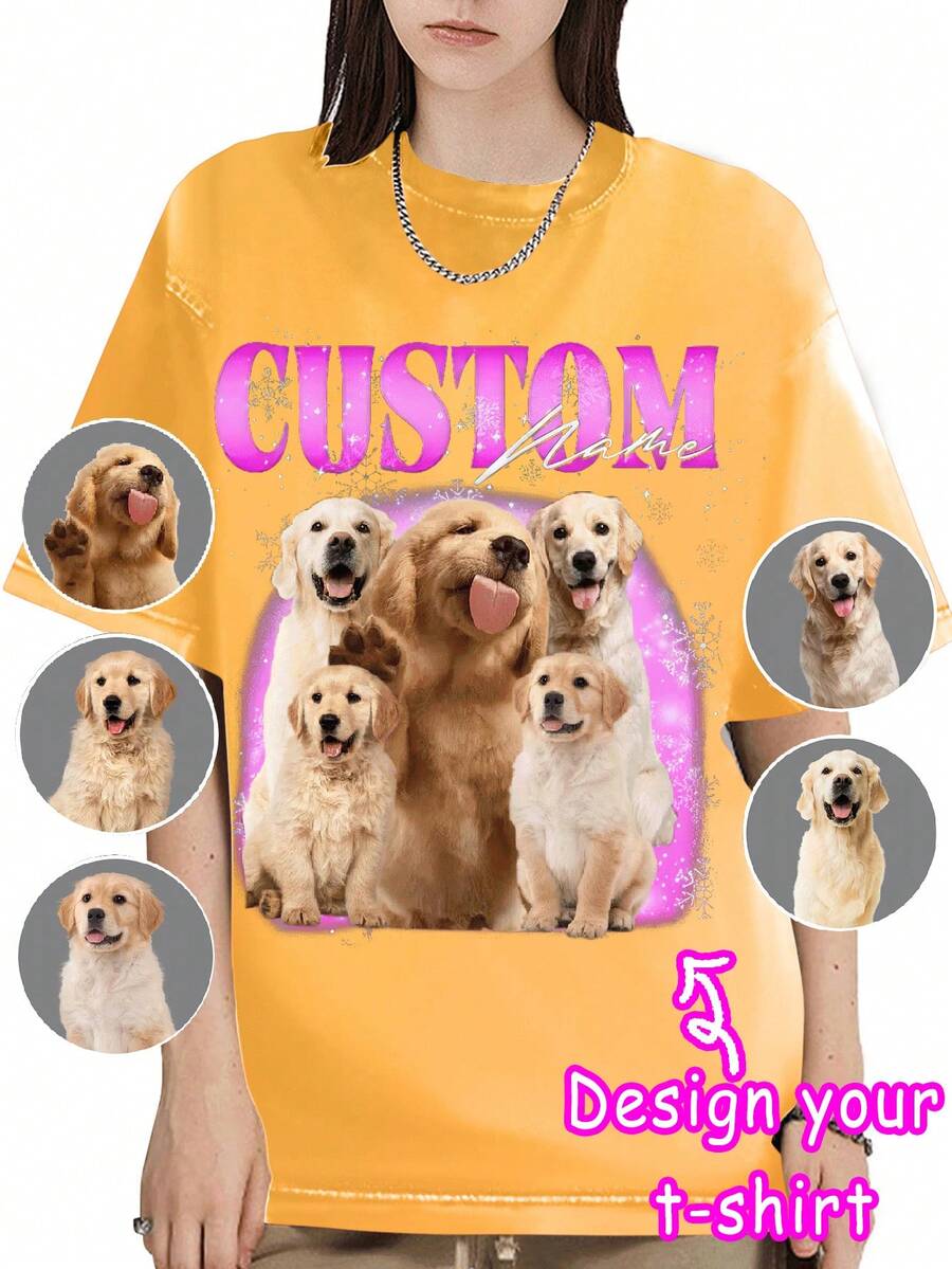 Áo thun nữ tùy chỉnh - Thêm văn bản và hình ảnh của riêng bạn (Ảnh thú cưng/Ảnh tự sướng/Ảnh bạn bè/Ảnh thành viên gia đình) để thiết kế áo thun in cá nhân hóa, logo | Doanh nghiệp | Quà cưới | Quà tặng tiệc sinh nhật | Trang phục Halloween | Giáng sinh, In ảnh thú cưng trên áo thun tùy chỉnh, Quà kỷ niệm, Quà tặng ngày lễ tình nhân, Quà sinh nhật, Quà cưới, Quà tặng bạn thân, Ảnh em bé/Cặp đôi/Gia đình/Thú cưng - Màu vàng - Xem 1