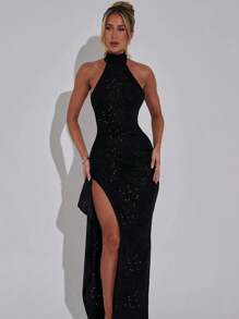 Sexy Sleeveless Backless Bodycon Slit Sequined Party Dress - Black - View 3