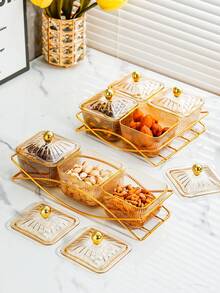 طقم واحد ، صحن للفاكهة/المقبلات مقسم بحافة ذهبية ، صينية لتقديم الحلوى/المقبلات باللون الزهري الفاتح، صحن فاكهة للمعيشة، برطمان بلاستيك للحلوى مع غطاء، صينية للمقبلات ، زخرفة منزلية للطاولة