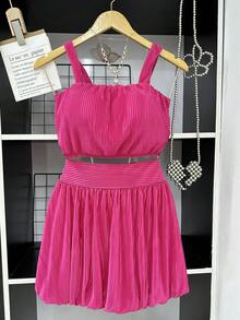 Pleated Cropped Top Set With Padding And Balloon Skirt With Lining - 玫紅色 - 查看 3