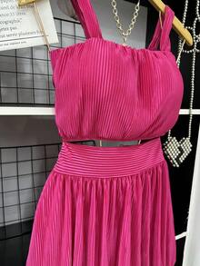 Pleated Cropped Top Set With Padding And Balloon Skirt With Lining - 玫紅色 - 查看 6