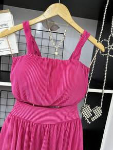 Pleated Cropped Top Set With Padding And Balloon Skirt With Lining - 玫紅色 - 查看 4