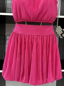 Pleated Cropped Top Set With Padding And Balloon Skirt With Lining - 玫紅色 - 查看 5