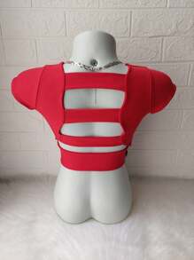 Women's Cropped Top With Low Cut Cups And Straps On The Back, Suplex Short Sleeve, Blogger Blouse, One Size - Fits Sizes 36 To 42 - Đỏ - Xem 2