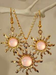 3pcs Bohemian Style Gold-Tone And Light Green Sun Necklace Earring Set For Women