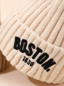 1pc Solid Color Letter Printed Baby Beanie Hat, Vintage Embroidered Boston Warm Knit Cap For Toddler Girl Boy - 1PC - View 2