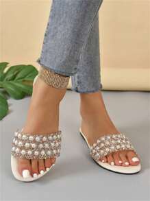 Sandalias planas de perlas brillantes para mujer, con puntera abierta, Mujer Sandalias planas cómodo,con diamantes de imitación, - Blanco - Ver 4