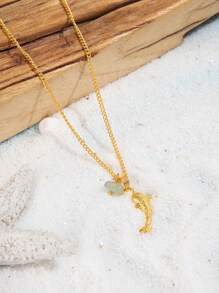 1 件流行女士时尚海滩和海洋主题个性化鲨鱼天然石吊坠项链，是婚礼、订婚派对、万圣节的理想礼物 - 金色 - 查看 2