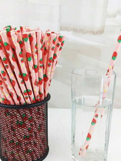 25pcs Cute Strawberry Printed Disposable Paper Straws, Colorful Portable Paper Straws Suitable For Party, Valentine's Day, Mother's Day, Wedding, Back To School And Other Occasions