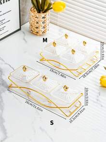 طقم واحد ، صحن للفاكهة/المقبلات مقسم بحافة ذهبية ، صينية لتقديم الحلوى/المقبلات باللون الزهري الفاتح، صحن فاكهة للمعيشة، برطمان بلاستيك للحلوى مع غطاء، صينية للمقبلات ، زخرفة منزلية للطاولة