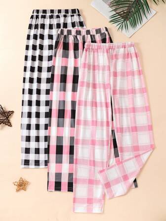 3st/set Tween Girl 8-12Y raka plädade fritidsbyxor, lämpliga för alla årstider