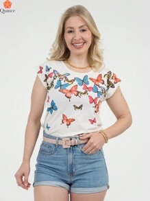Loose Blouse With Front Print Of Colorful Butterflies, Fresh Chromia, Cheerful, Colorful Summer - 米色 - 查看 2