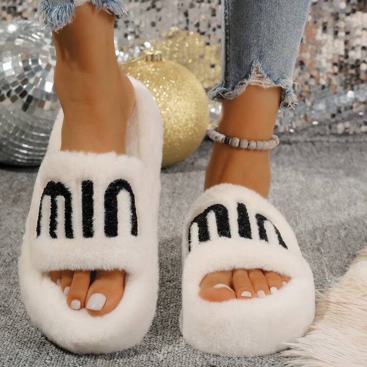 Women New Fluffy Slippers Platform Faux Fur Slip On Slides Soft Comfortable Fashion One Strap Furry Slippers Autumn And Winter