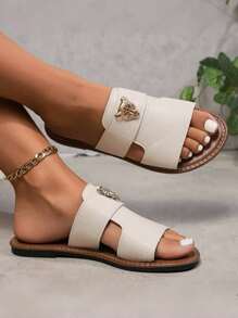 2024 Summer Fashionable Tiger Head Buckle Decor Flat Open-Toe Slip-On Retro Mule Sandals - White - View 6