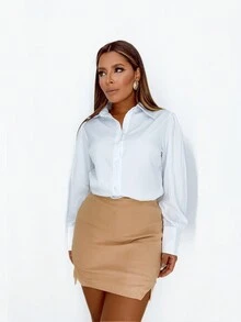Basic Formal Shirt Set With Puff Sleeves And Slit Skirt Shorts - Màu be - Xem 3