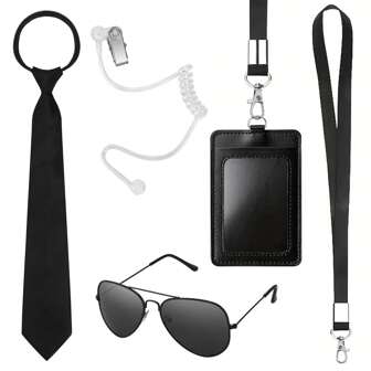 5 Pcs /Set Agent Costume Accessories Kit Secret Security Security Costume Adjustable Pretty Zipper Tie Black Sunglasses ID Card Badge Prop Headphones For Men Boys/Party Role Playing Game Prom