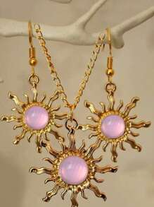 3pcs Bohemian Style Gold-Tone And Light Green Sun Necklace Earring Set For Women