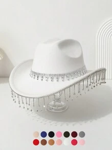1 peça chapéu de cowboy ocidental feminino com coroa brilhante de cor sólida, franjas, strass falso, para uso casual, festa, casamento, festival de Halloween
