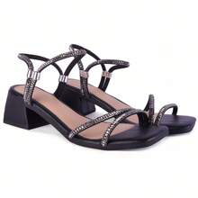 Women's Sandal 5cm Square Block Heel Medium Straps Colorful Rhinestones Soft Adjustment Comfort - 黑色 - 查看 2