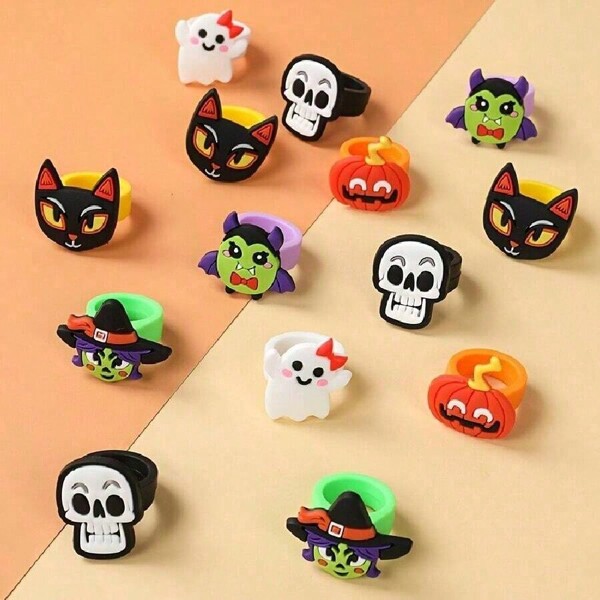 6/12pcs Halloween Party Favors Set - Silicone Rings, Trick Or Treat Decorations, Silicone, Various Unique Designs Like Pumpkin, Ghost, Black Cat, Skull, Witch, Suitable For 14+ Years Old