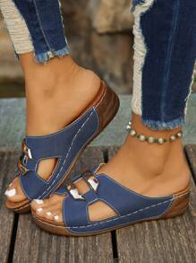 Plus Size US 6-12 Summer New Fashion Versatile Navy Blue Metal Buckle Open Toe Women Platform Wedge Sandals, Casual Daily/Beach/Vacation Lightweight Comfortable Slip-On