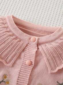 Young Girl Knitted Embroidery Floral Cardigan Sweater With Peter Pan Collar