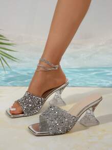 Women's Summer New Rhinestone Embellished High Heel Slippers, Silver Glitter Decorated Stilettos, Fashionable Asymmetric Crystal Heel Sandals, Suitable For Various Occasions And Outfits