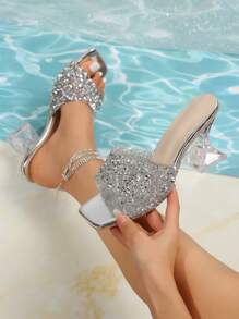 Women's Summer New Rhinestone Embellished High Heel Slippers, Silver Glitter Decorated Stilettos, Fashionable Asymmetric Crystal Heel Sandals, Suitable For Various Occasions And Outfits