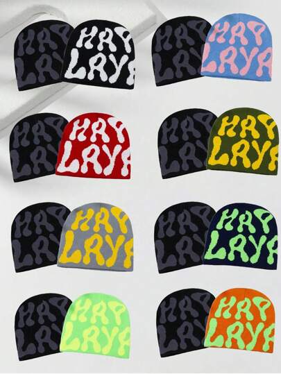 2pcs Men's Personalized Contrast Color Letter Knitted Hat, Suitable For Autumn Winter Everyday Warm Outfit' Beanie Fall Outfit