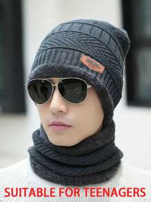 1 件温暖时尚舒适的冬季无檐小帽和围巾套装，适合男孩和女孩在冬季使用。 - 黑色 - 查看 17