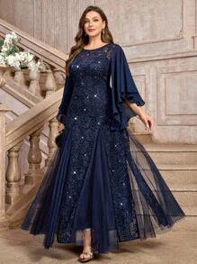Đầm dạ hội dáng đuôi cá thanh lịch với tay áo cánh bướm, chất liệu chiffon, họa tiết hoa, đính sequin và ren, phối màu tương phản, chất liệu lưới, thích hợp cho các buổi tiệc khiêu vũ, đám cưới, mùa đông, năm mới, lễ tốt nghiệp, tiệc chiêu đãi, lễ hội và các dịp khác. - Màu xanh hải quân - Xem 6