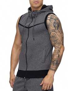 Men's Hooded Tank Top, Sports Sleeveless Hooded T-Shirt - 深灰色 - 查看 8