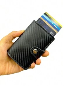 1件时尚男士钱包仿碳纤维卡盒自动弹起铝合金RFID卡盒防盗刷卡夹防消磁卡包屏蔽