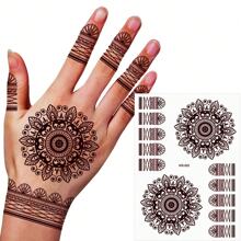 210X150MM 1 Sheets India Mehndi Design Brown Red Maroon Tattoo Stickers, Temporary Tattoos For Women, Waterproof Body Art Stickers, Hand Painted Henna Design, Long Lasting Fake Tattoos For Fingers And Back Of The Hand - 1pc Oblong Shape
