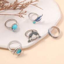 5 Peças/Conjunto Anéis Pingentes Vintage Personalizados em Formato de Tubarão Turquesa, Gaivota, Coração