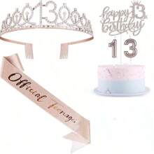 4pcs/Set Crown + Sash + Digital Candle + Happy Birthday Strip 10th 13th 16th 18th 21th 30th 40th 50th 60th 70th 80th Birthday Decorations - Including Birthday Sash, 13th Birthday Rhinestone Crown/Tiara, Birthday Party Accessories Candles And Cake Toppers, Rose Gold Maiden Gift Birthday Celebration Headband For Women,Christmas