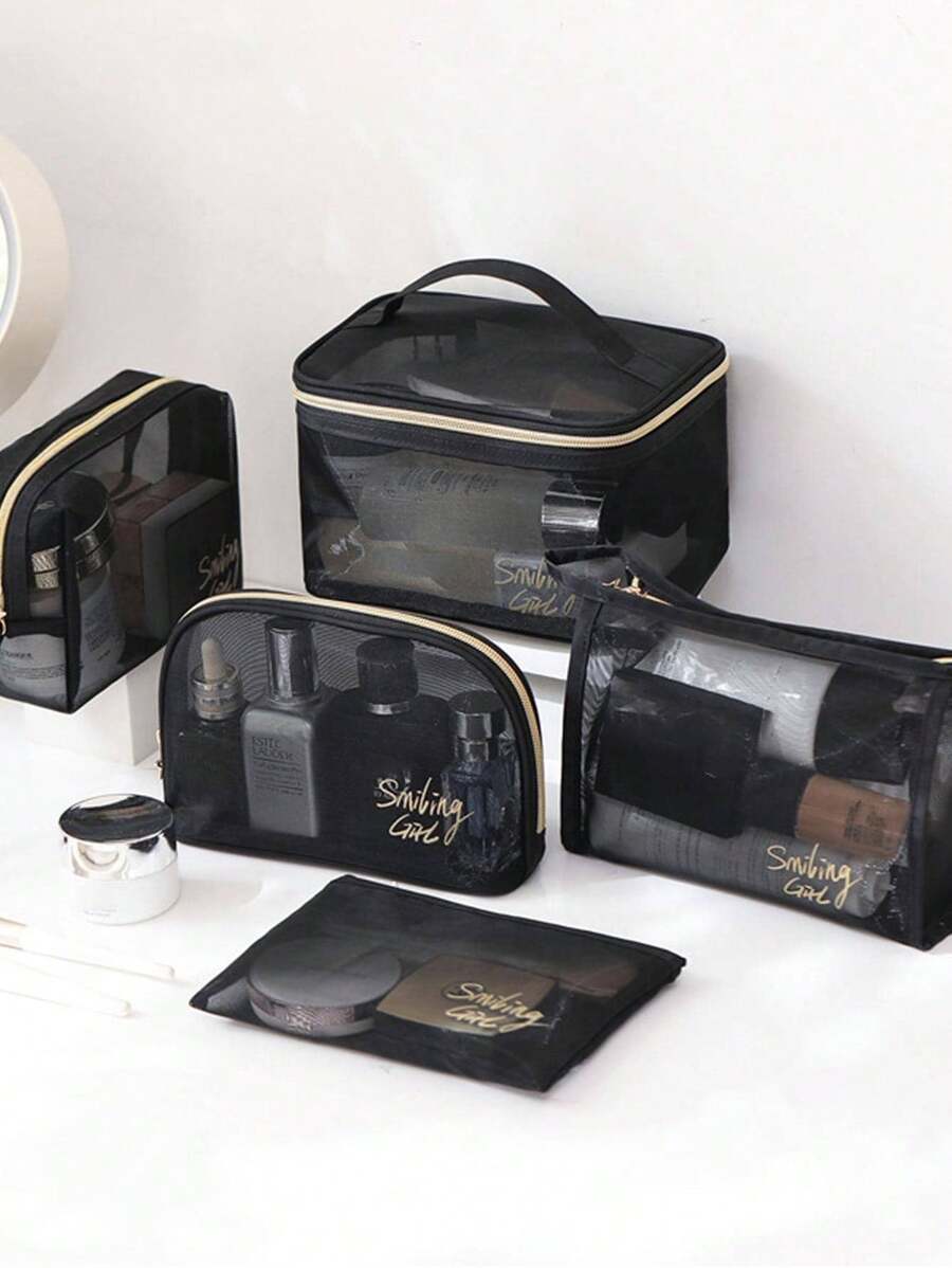 1 túi đựng đồ trang điểm họa tiết chữ cái, túi đựng đồ trang điểm bằng polyamide hiện đại dùng cho gia đình và du lịch, dùng cho kỳ nghỉ bãi biển, bộ sưu tập phòng tắm, bộ sưu tập phòng ngủ, dung tích lớn - màu đen - Xem 1